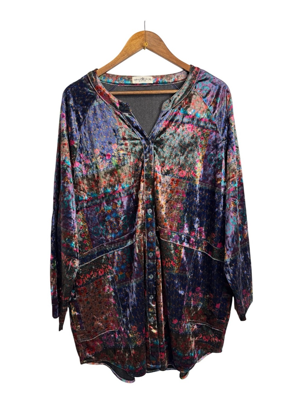 Natural Life Velvet Button-Front Tunic in Multicolor Floral Patchwork